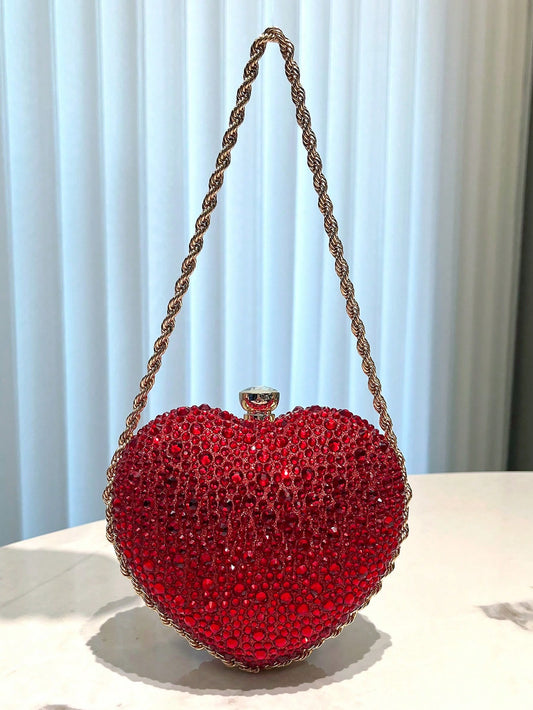 Chic Red Heart-Shaped Rhinestone Evening Clutch Bag with Metal Chain Strap - Perfect for Banquets, Weddings, and Formal Occasions