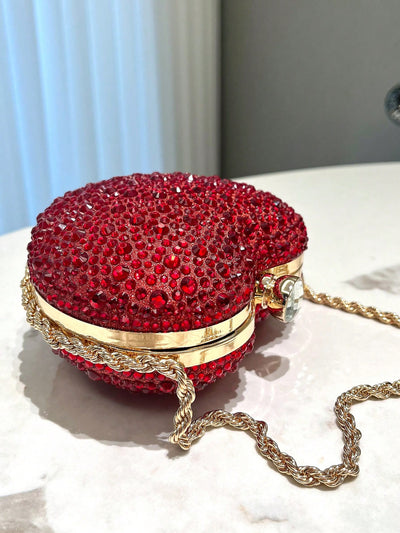 Chic Red Heart-Shaped Rhinestone Evening Clutch Bag with Metal Chain Strap - Perfect for Banquets, Weddings, and Formal Occasions