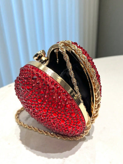 Chic Red Heart-Shaped Rhinestone Evening Clutch Bag with Metal Chain Strap - Perfect for Banquets, Weddings, and Formal Occasions