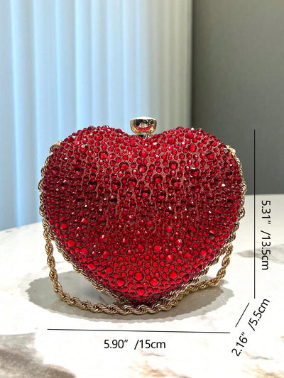 Chic Red Heart-Shaped Rhinestone Evening Clutch Bag with Metal Chain Strap - Perfect for Banquets, Weddings, and Formal Occasions