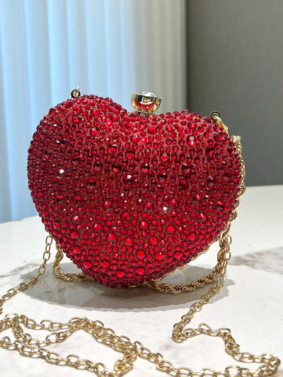 Chic Red Heart-Shaped Rhinestone Evening Clutch Bag with Metal Chain Strap - Perfect for Banquets, Weddings, and Formal Occasions