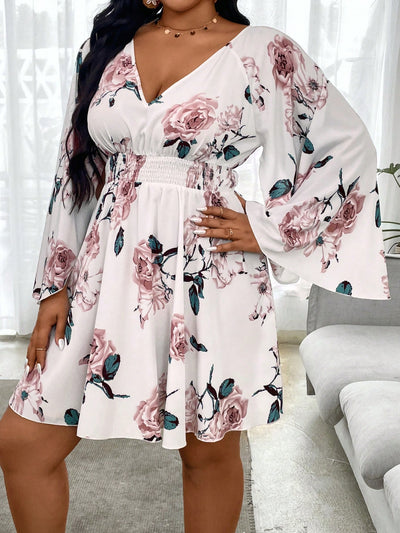 Floral Elegance: Plus Size Women’s Deep V-Neck Flare Sleeve Dress