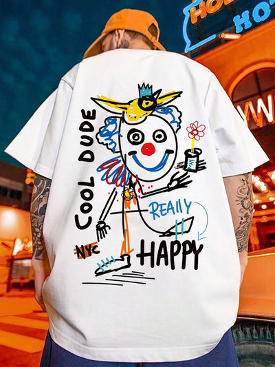 Introducing the Fun and Quirky Men's Clown and Letter Print T-Shirt. Step out in style with this unique shirt featuring a playful clown and bold letter design. Made with soft and breathable fabric, this shirt is sure to be a comfortable and fun addition to your wardrobe. Don't miss out on this one-of-a-kind piece!