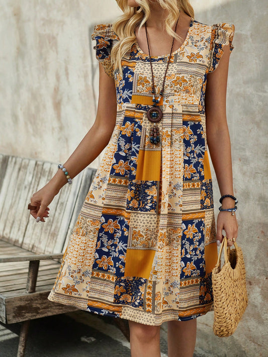 Effortlessly achieve a chic look with our Women's Patchwork Printed A-Line Dress. The unique patchwork design adds a trendy touch, while the A-line silhouette flatters any body type. Made with high-quality materials, this dress is the perfect addition to your wardrobe for both casual and formal occasions.