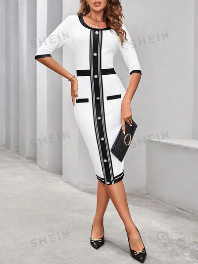 Chic and Stylish: Women's Color Block Button Dress - Perfect for Church