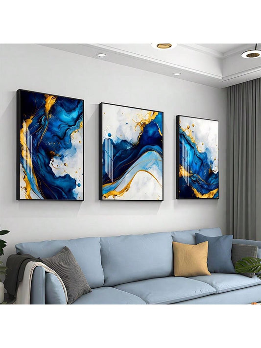 3-Piece Luxury Blue and Golden Abstract Canvas Prints: Elevate Your Home Decor with Modern Minimalism