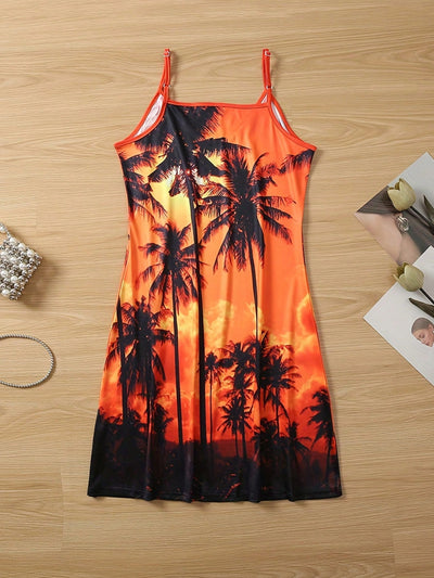 Tropical Paradise: Women's Coconut Tree Scenery Print Strap Dress