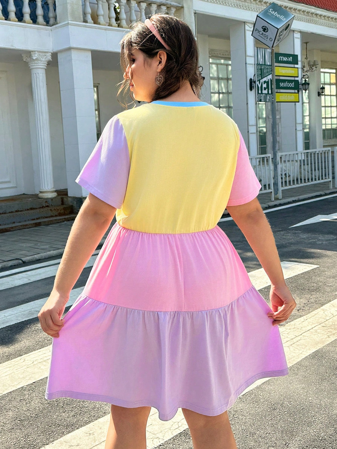 Introducing our chic plus size pastel color block dress, designed with a cinched waist for a flattering fit. Made with expert craftsmanship and attention to detail, this dress is perfect for any occasion. The pastel colors add a touch of elegance and the cinched waist accentuates your curves. Elevate your style with this must-have dress.