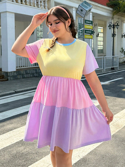 Chic Plus Size Pastel Color Block Dress with Cinched Waist