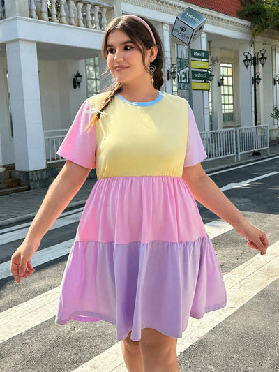 Chic Plus Size Pastel Color Block Dress with Cinched Waist