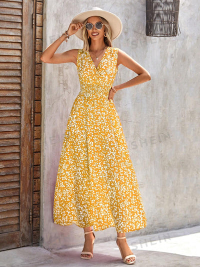 Beautifully Bloomed: Sleeveless Floral Print Dress with Shirred Waist