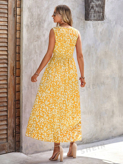 Beautifully Bloomed: Sleeveless Floral Print Dress with Shirred Waist