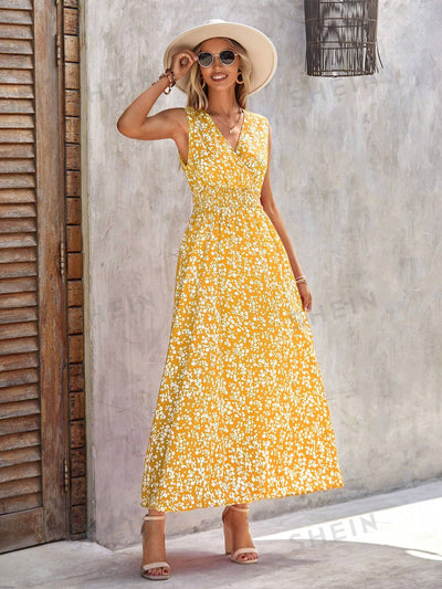 Beautifully Bloomed: Sleeveless Floral Print Dress with Shirred Waist