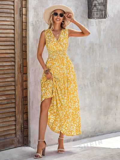 Beautifully Bloomed: Sleeveless Floral Print Dress with Shirred Waist