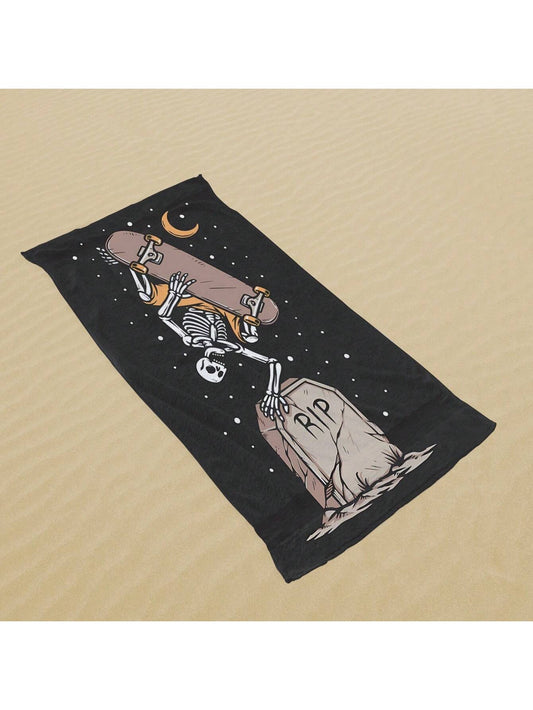 Skull Cartoon Print Multi-Use Fiber Beach Towel for Men and Women - Sand Resistant, Quick Drying, Soft & Absorbent - Perfect for Sports, Yoga, Swimming, Hiking, Bathing, and Travel