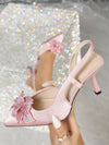 Pink Flower Delight: Silk Dress, Rhinestone Clutch, and High Heeled Sandals Set