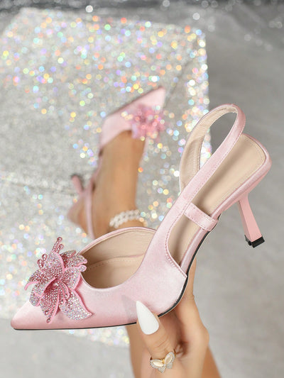 Pink Flower Delight: Silk Dress, Rhinestone Clutch, and High Heeled Sandals Set