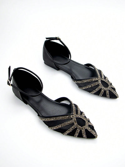 Rhinestone Elegance: Black Suede Hollow-Out Buckle Ankle Strap Flat Shoes for Daily & Party Wear