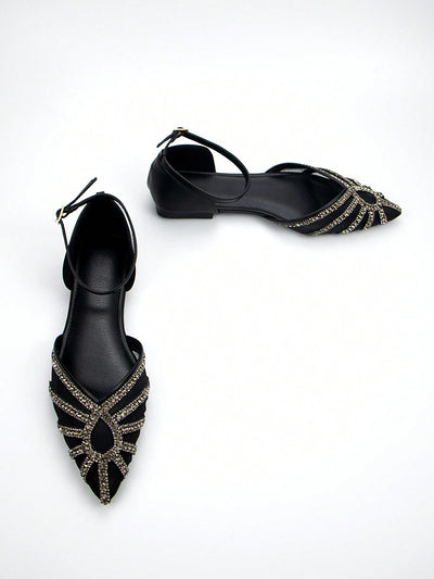 Rhinestone Elegance: Black Suede Hollow-Out Buckle Ankle Strap Flat Shoes for Daily & Party Wear