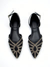 Rhinestone Elegance: Black Suede Hollow-Out Buckle Ankle Strap Flat Shoes for Daily & Party Wear