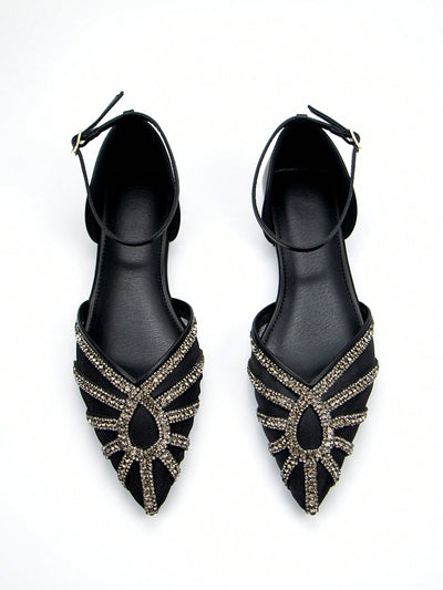 Rhinestone Elegance: Black Suede Hollow-Out Buckle Ankle Strap Flat Shoes for Daily & Party Wear