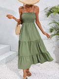 Sage green smocked bodice tiered maxi sundress with flowy skirt