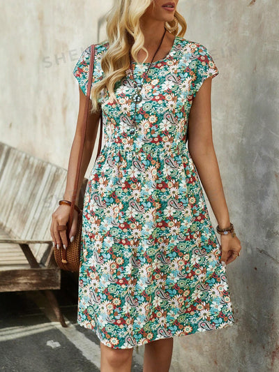 Women's Floral Summer Midi Dress: Short Sleeve Style