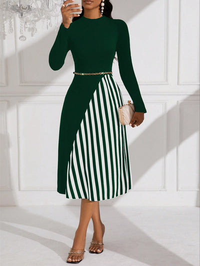 Chic Color Block Striped Long Sleeve Dress for Fashionable Ladies