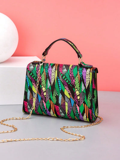 Multicolored Trendy Printed Chain Strap Small Square Crossbody Bag