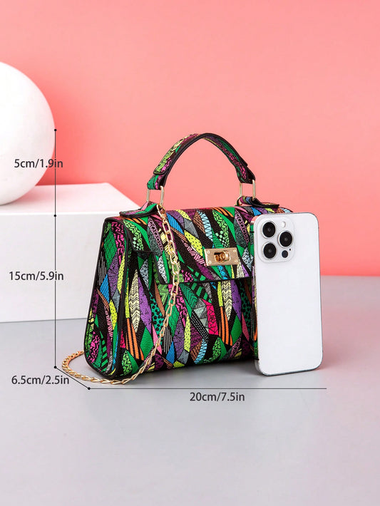 Multicolored Trendy Printed Chain Strap Small Square Crossbody Bag