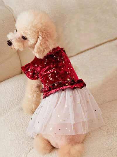 Indulge your royal pet in luxury with our Royal Dreams: Burgundy Velvet Starry Mesh Princess Dress. Made with soft velvet and featuring a starry mesh overlay, your pet will feel like a true princess! This dress is perfect for special occasions, with a touch of elegance and comfort.