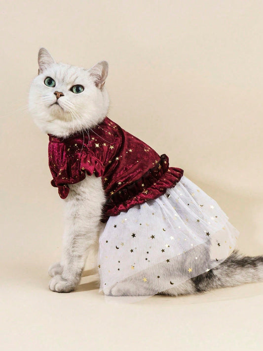 Royal Dreams: Burgundy Velvet Starry Mesh Princess Dress for Pets