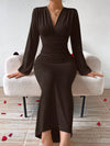 Chic V-Neck Leopard Print Ruched Puff Sleeve Dress for Elegant Fall Events