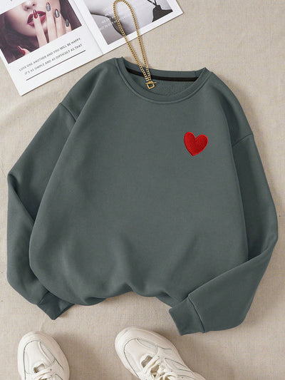 Sweetheart Sweater: Cozy up with Heart Print Casual Long Sleeve Drop Shoulder Sweatshirt