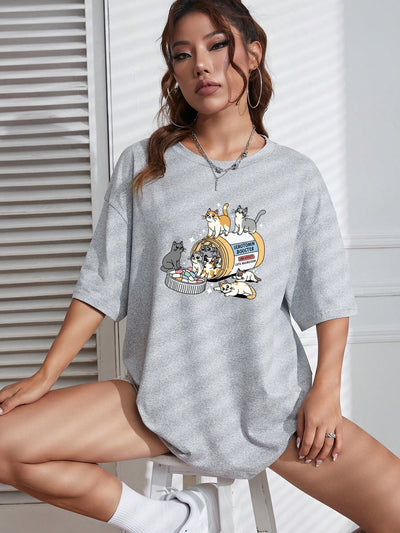 Playful Vibes: Cute Cartoon Printed Drop Shoulder T-Shirt