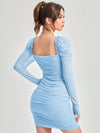 Radiant Ruched Mesh Overlay Dress with Frill Trim and Gigot Sleeves