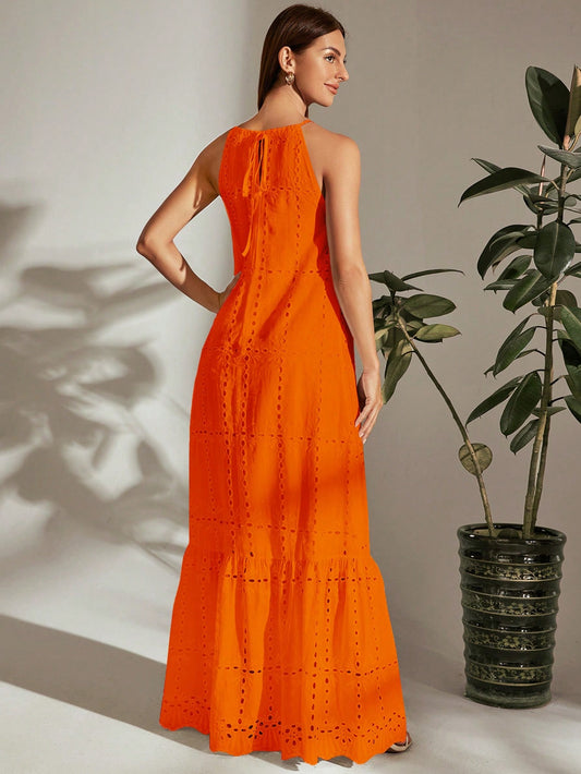 Chic Frenchy Hollow Embroidered Halter Neck Dress - Perfect for Effortless Elegance