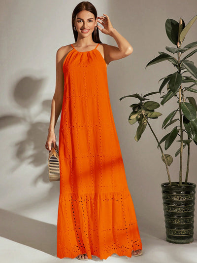 Chic Frenchy Hollow Embroidered Halter Neck Dress - Perfect for Effortless Elegance