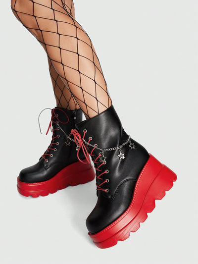 Edgy Elegance:Grunge Punk Women's Chunky High Heel Ankle Boots with Chain Detail