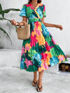 Blooming Beauty: Women's Botanical Print Pleated Short Sleeve Dress