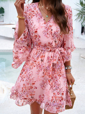 Spring Fling Floral Dress: Tie-Waist and Ruffled Hem with Bell Sleeves