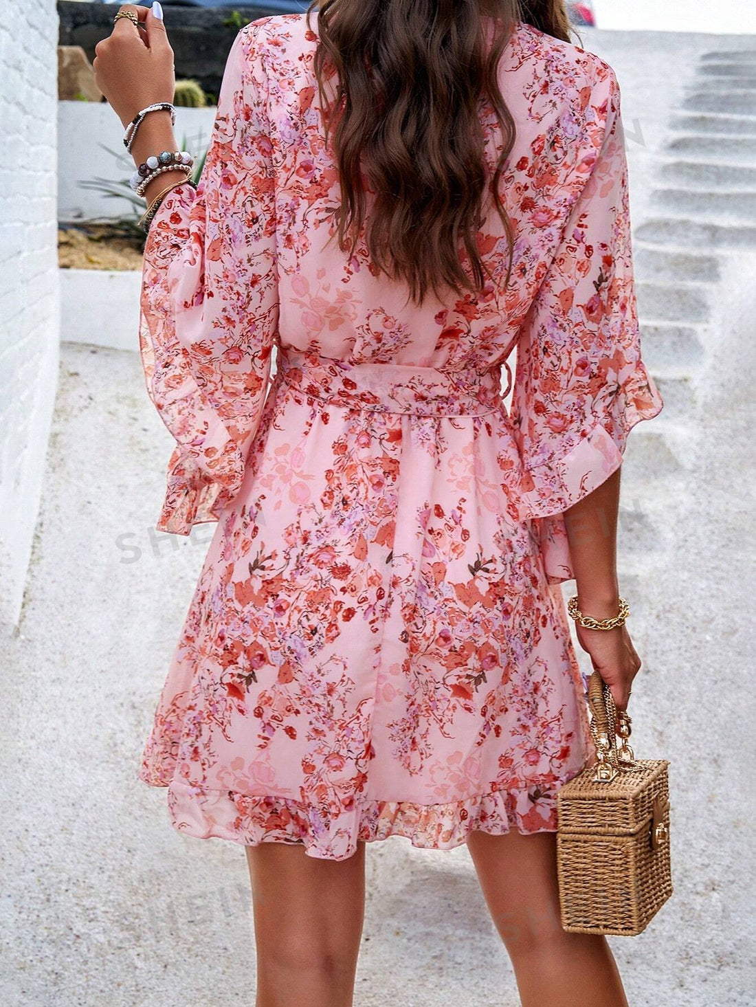 Spring Fling Floral Dress: Tie-Waist and Ruffled Hem with Bell Sleeves