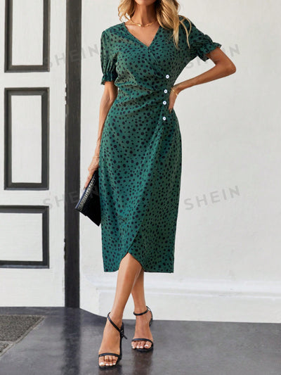 Vintage Vibe Wrap Dress: Button-Adorned Style for Women