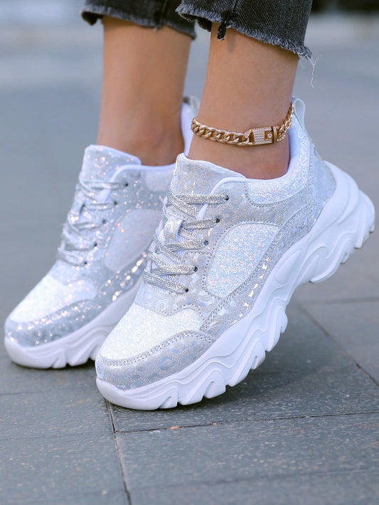 Sparkle in Style: Glitter Lace-Up Sports Shoes for Women