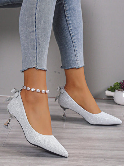 Sparkling Stiletto Heels: Women's Pointed Toe Wedding Shoes in Silver