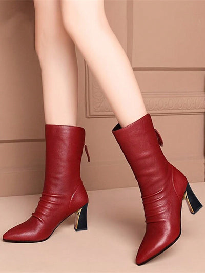 Chic and Stylish: Women's Red Mid-Calf Boots with Chunky Heel and Back Zipper