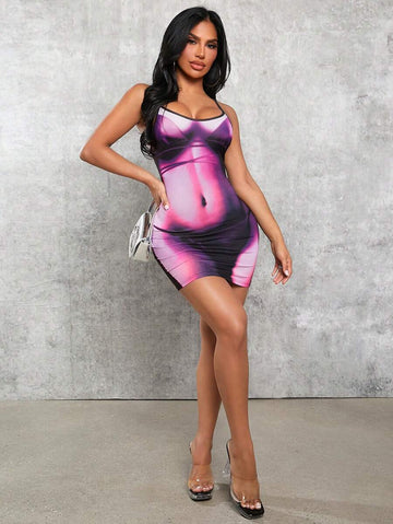 Front full-body view pink purple black illusion print spaghetti strap bodycon mini dress