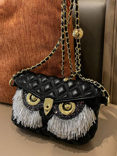 Diamonds and Pearls: Fashionable Chain Link Crossbody Evening Bag with Metallic Owl Print Detail