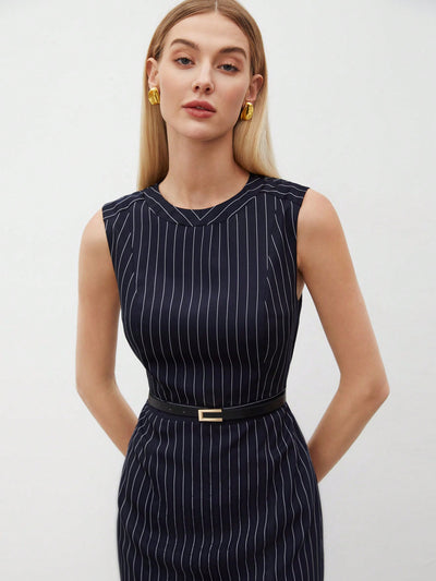 Chic Striped Sleeveless Work Dress for Effortless Office Elegance