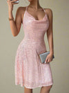 Sparkling Nights: Women's Halter Cowl Collar Sequin Embellished Dress in Pink